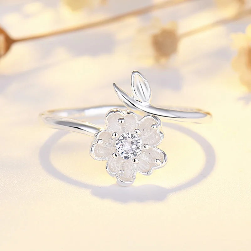 925 Sterling Silver Ring Adjustable Open Flowers Couple Engagement Rings For Women