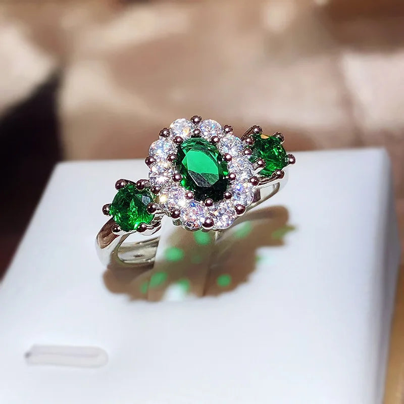 925 silver inlaid AAAAA zirconia green gemstone flowers engagement rings for women exquisite and sweet Jewelry