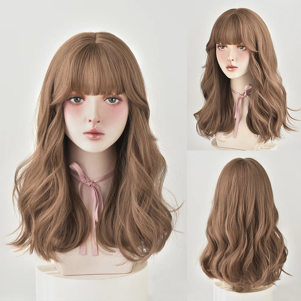 Long Curly Hair Women Wig with Bangs Daily Brown Black Pink ..