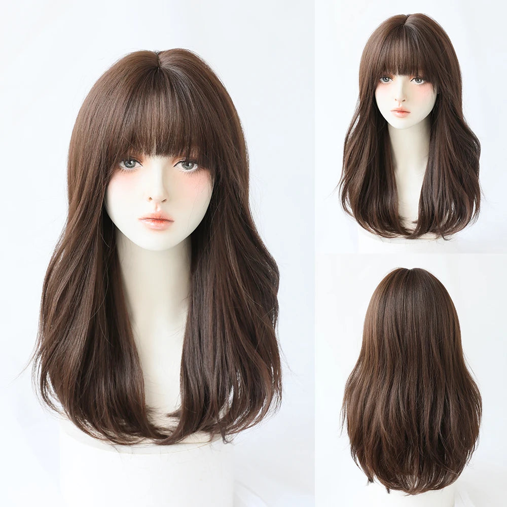 Long Curly Hair Women Wig with Bangs Daily Brown Black Pink ..