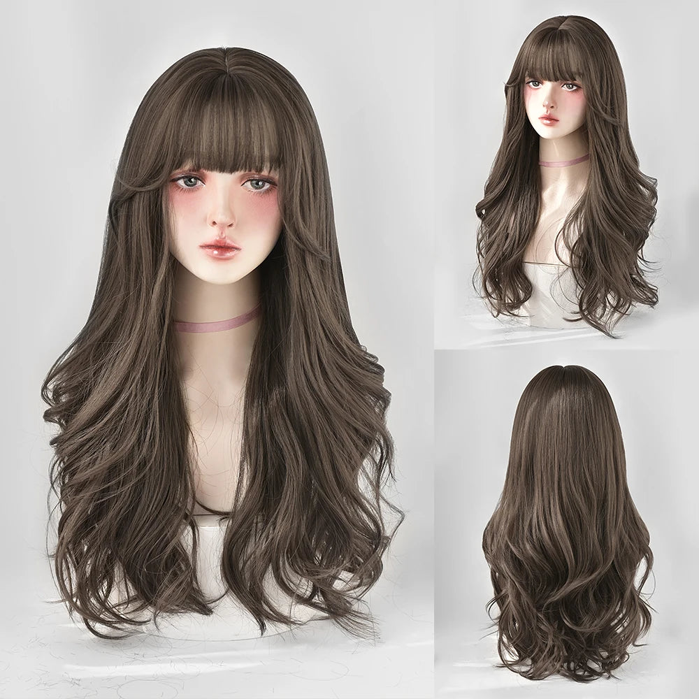 Long Curly Hair Women Wig with Bangs Daily Brown Black Pink ..