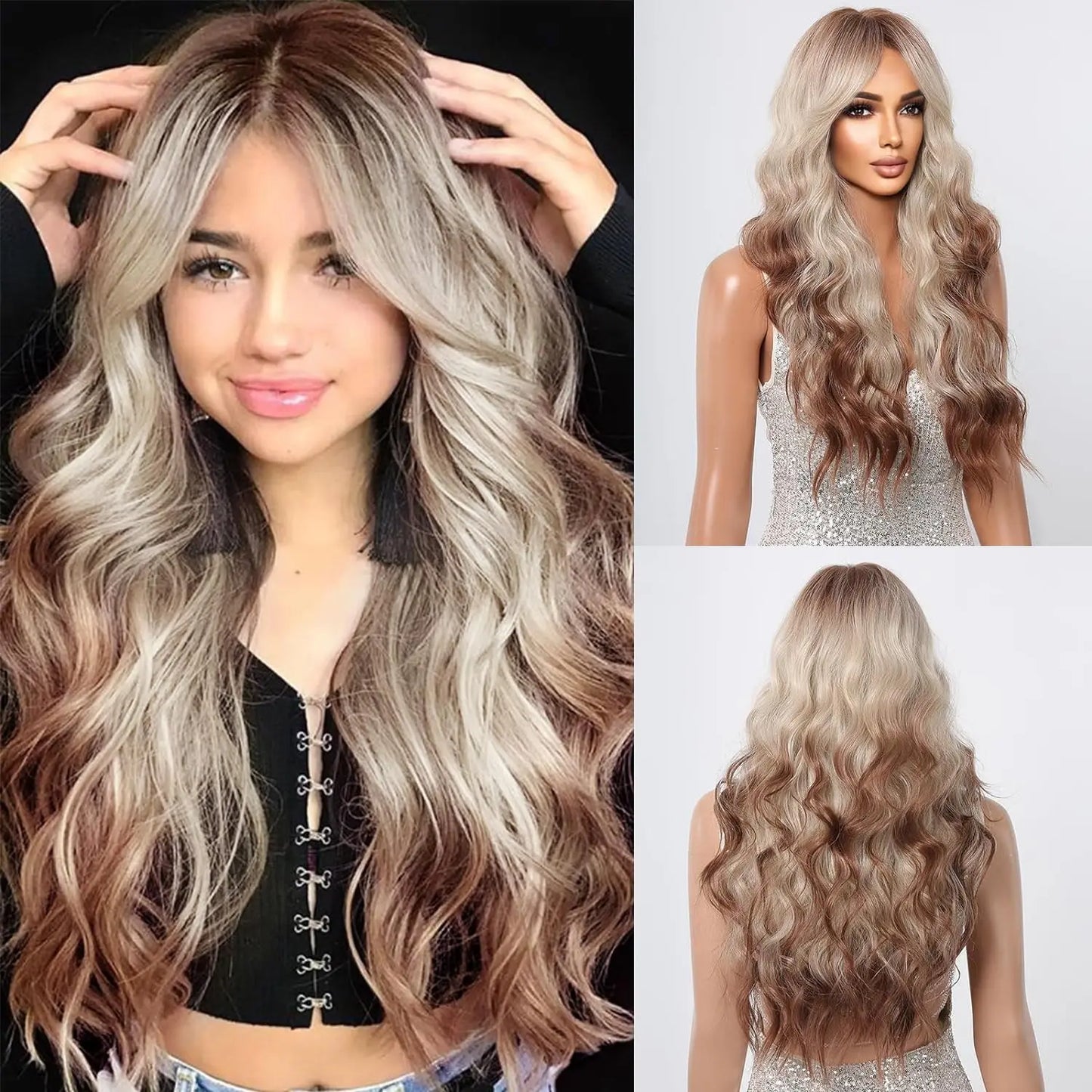 Long Wavy Curly Gray Brown Synthetic Wigs for Women