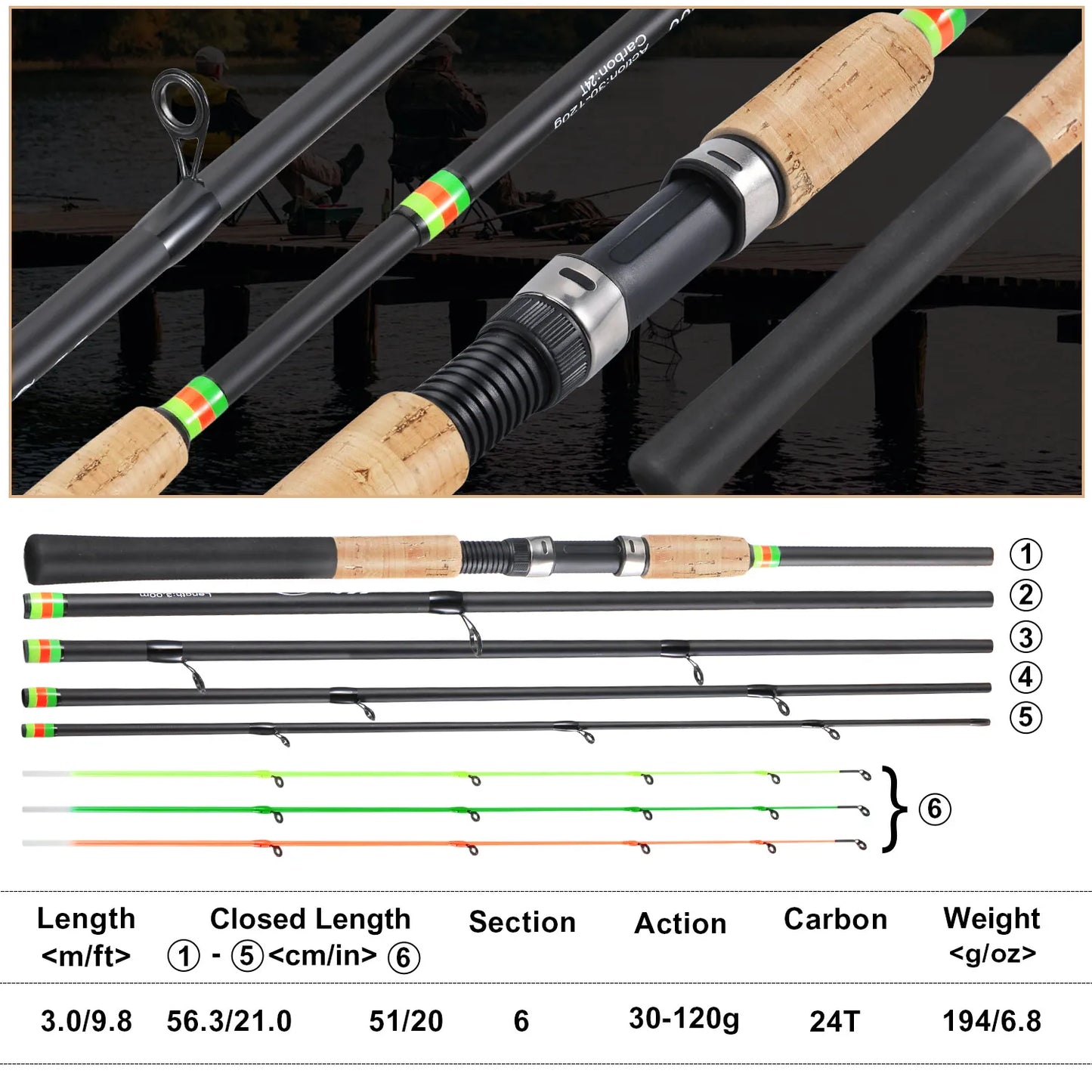 3M Feeder Fishing Rod Cork Handle Carbon Fibre Spinning Fishing Rods L M H Power 30-120g Lure Weight