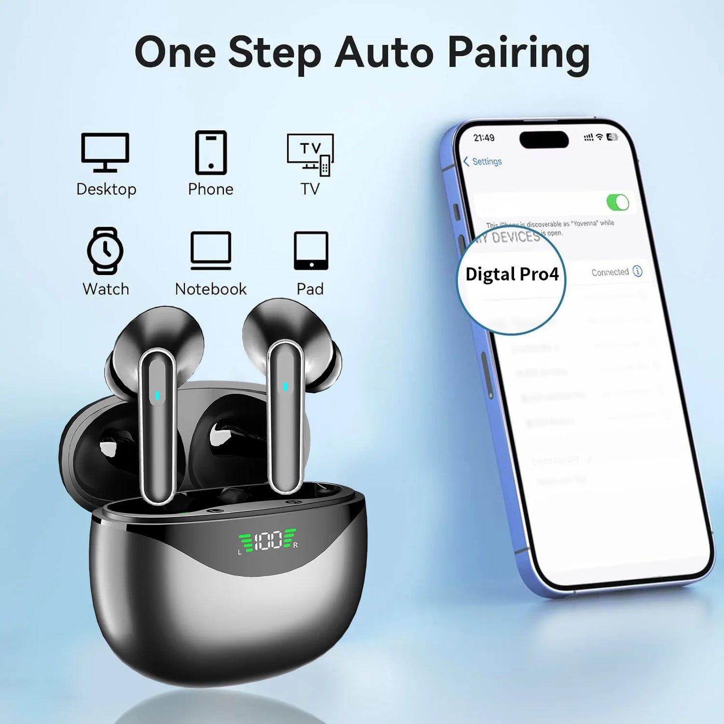 Wireless Bluetooth Earphone Lightweight Power Display Long Battery Life
