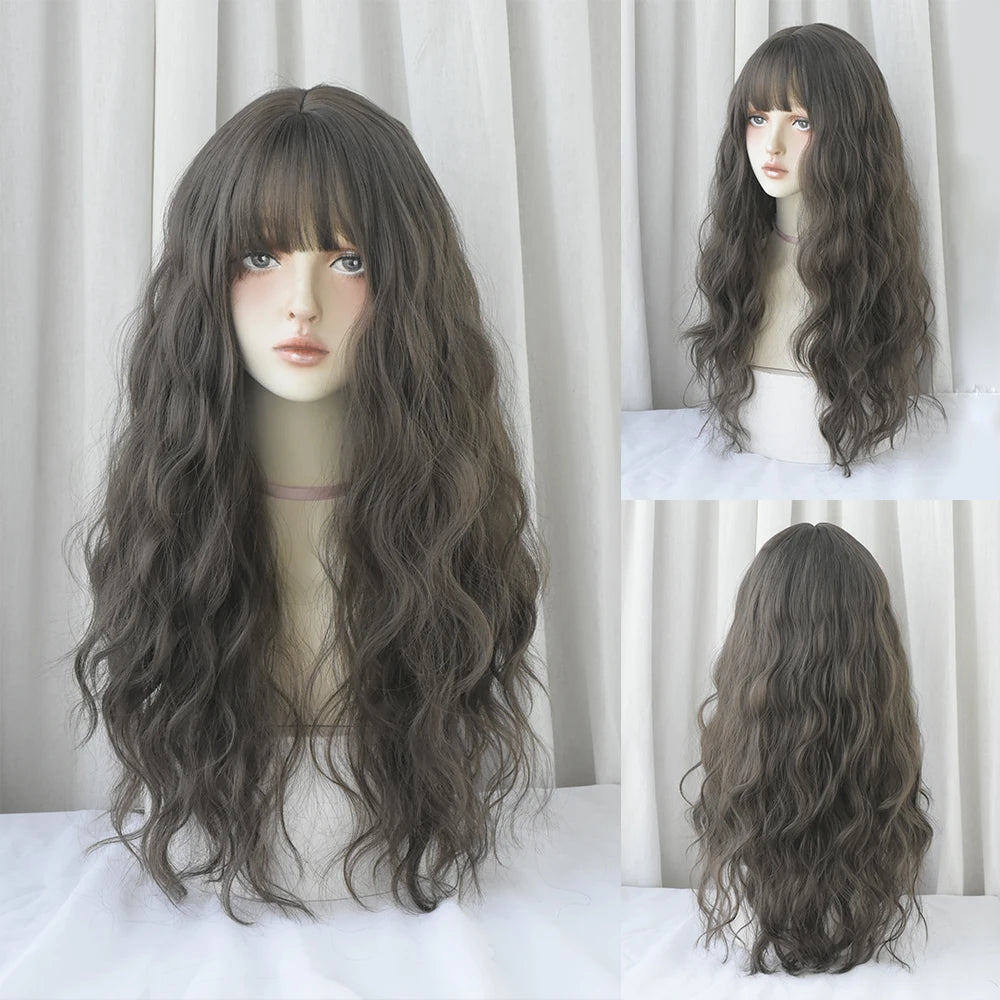 Long Curly Hair Women Wig with Bangs Daily Brown Black Pink ..