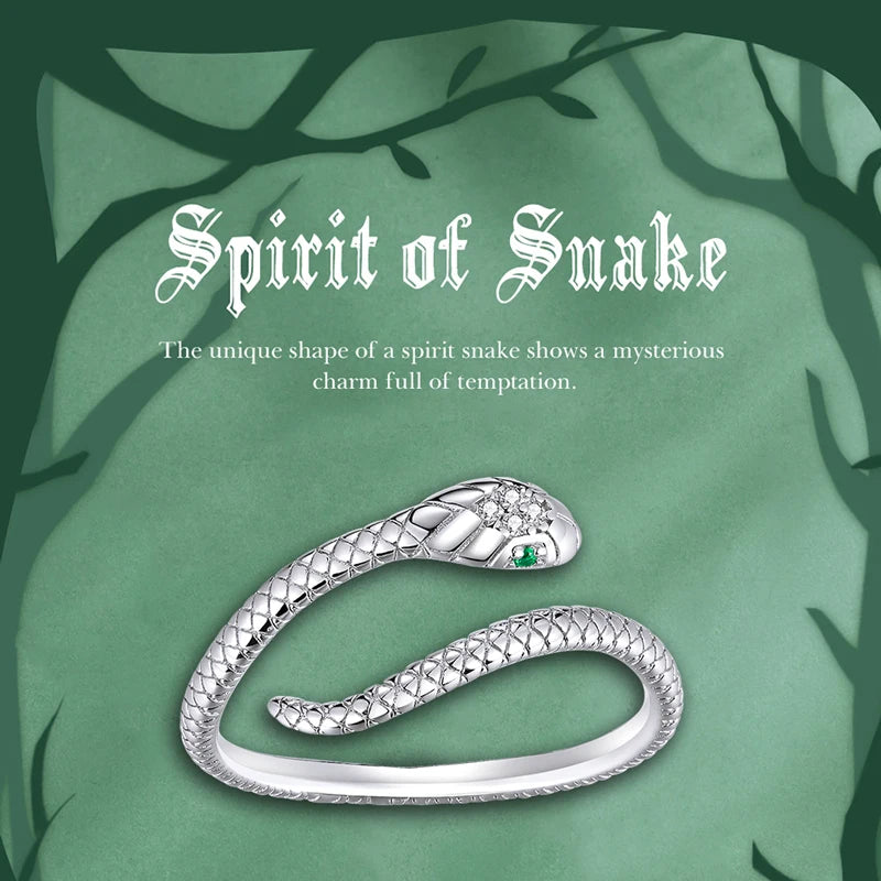 925 Sterling Silver Platinum Plated Adjustable Ring, Green Zircon Retro Textures Snake Ring