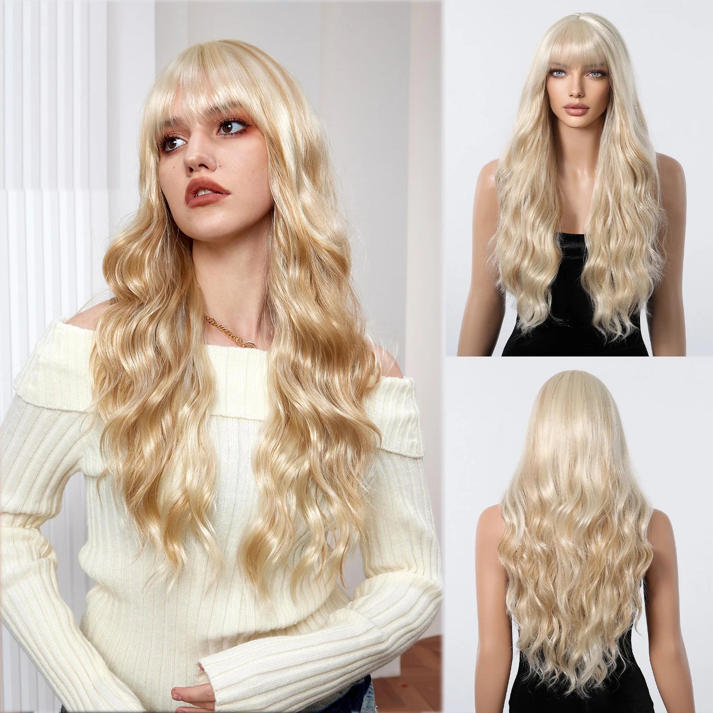 LOUIS FERRE Brown With Blonde Highlights Synthetic Wigs With Side Bangs