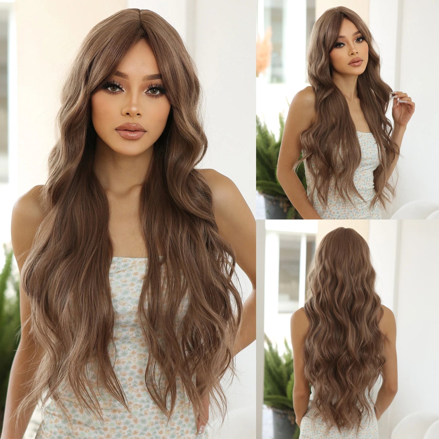 LOUIS FERRE Brown With Blonde Highlights Synthetic Wigs With Side Bangs