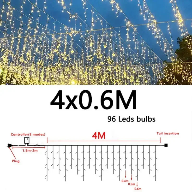 Outdoor Decoration 4m Droop 0.4-0.6m Curtain Icicle Led String Lights 220V EU Plug Garden Xmas Garland Decorative Lights