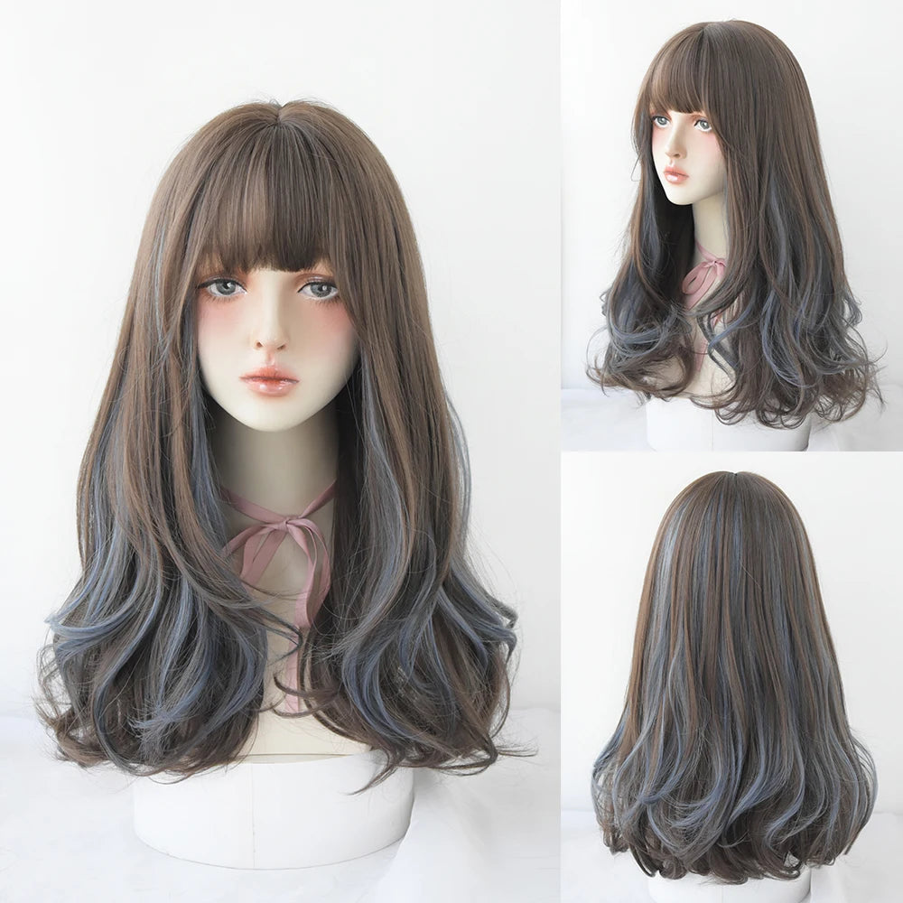 Long Curly Hair Women Wig with Bangs Daily Brown Black Pink ..
