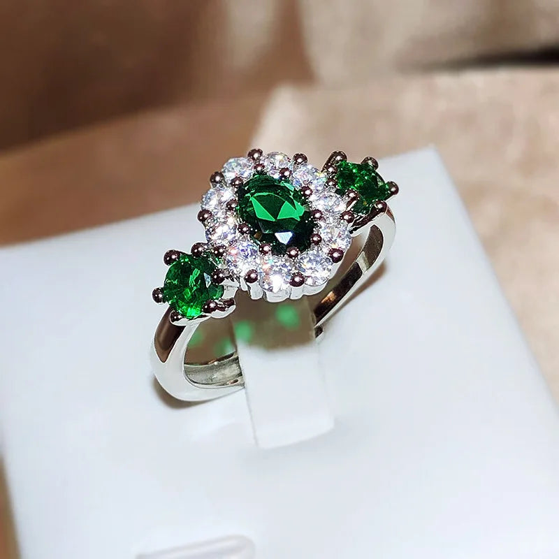 925 silver inlaid AAAAA zirconia green gemstone flowers engagement rings for women exquisite and sweet Jewelry