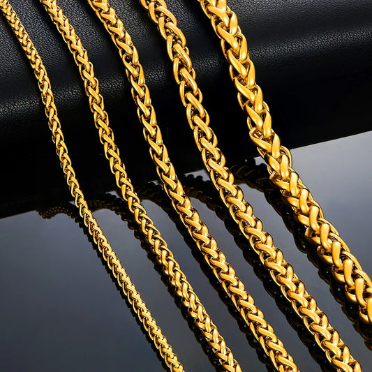 Gold Color Wheat Braided Stainless Steel Necklace Link Classic Curb Chain for Men Women Jewelry