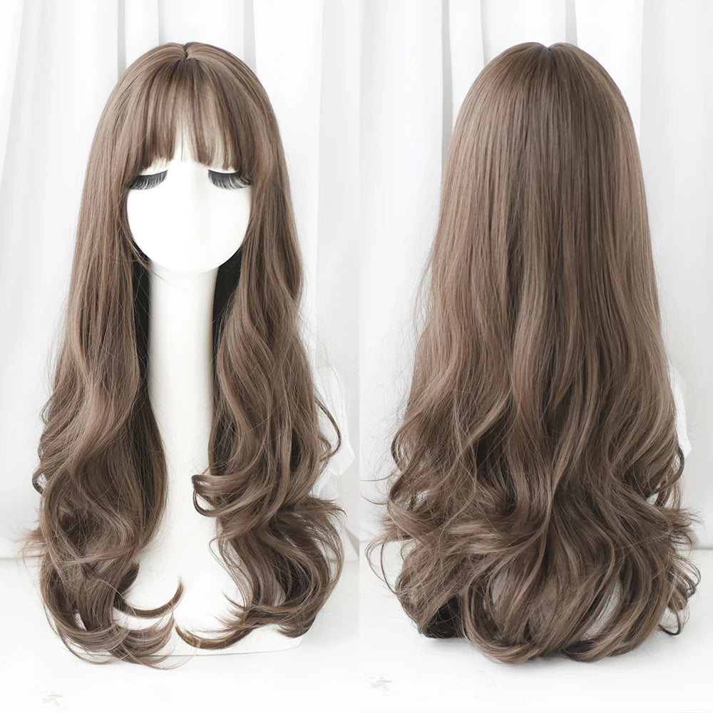Long Curly Hair Women Wig with Bangs Daily Brown Black Pink ..