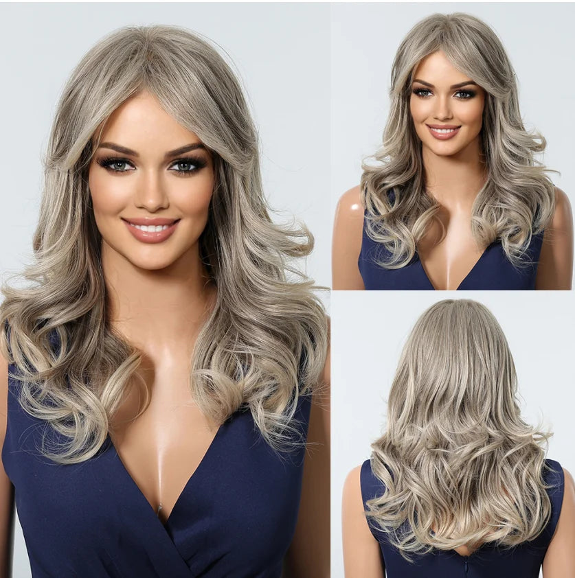 LOUIS FERRE Brown With Blonde Highlights Synthetic Wigs With Side Bangs
