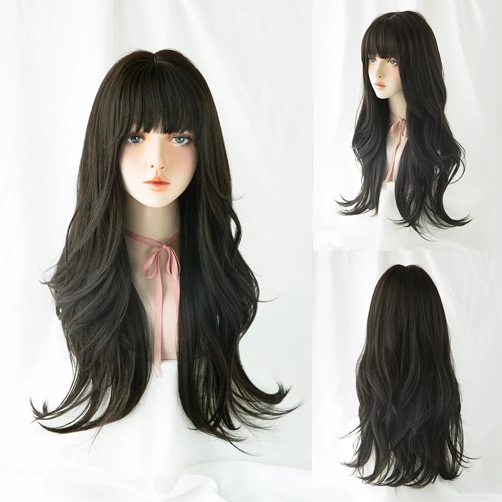 Long Curly Hair Women Wig with Bangs Daily Brown Black Pink ..