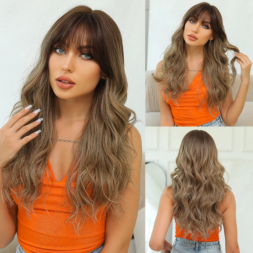LOUIS FERRE Brown With Blonde Highlights Synthetic Wigs With Side Bangs