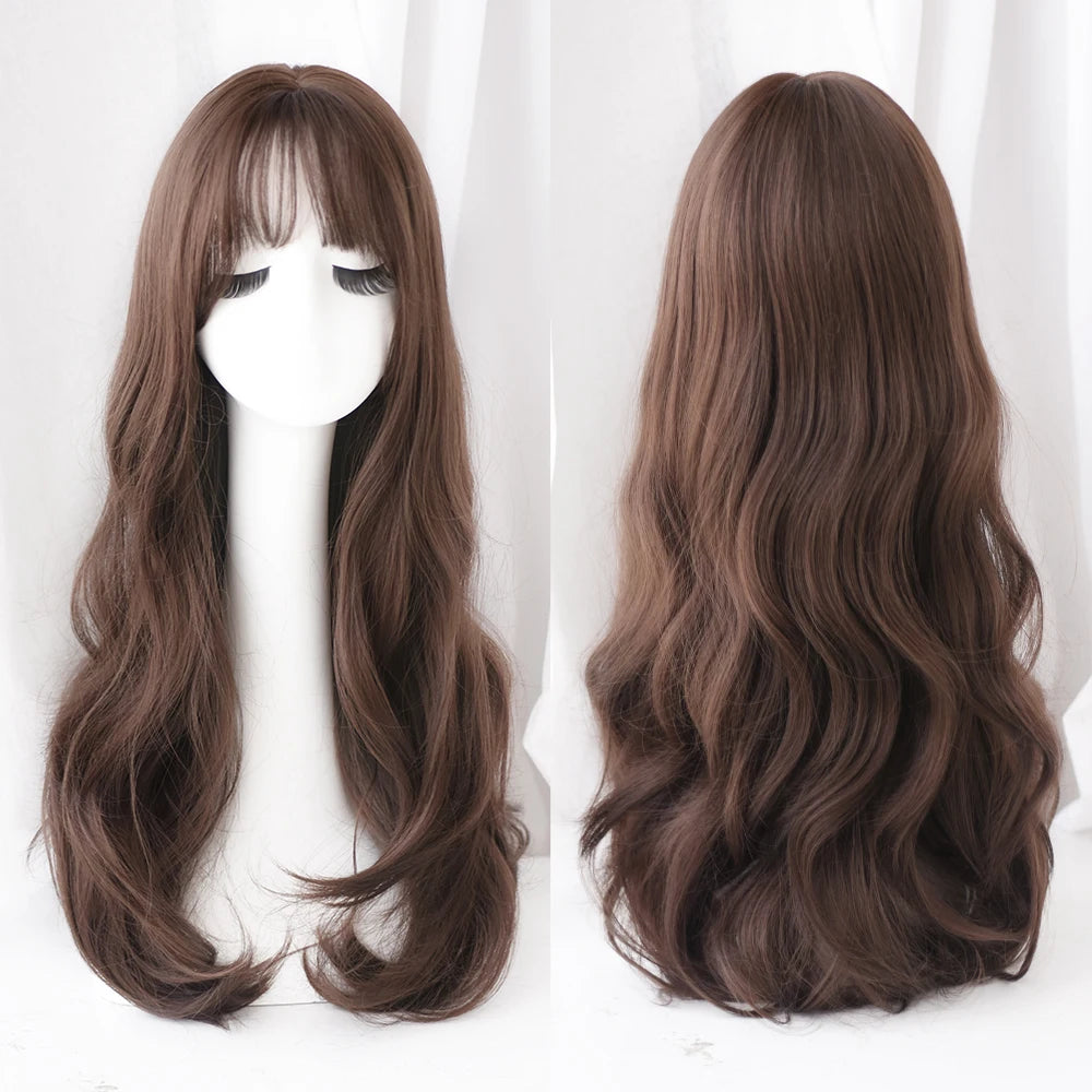 Long Curly Hair Women Wig with Bangs Daily Brown Black Pink ..