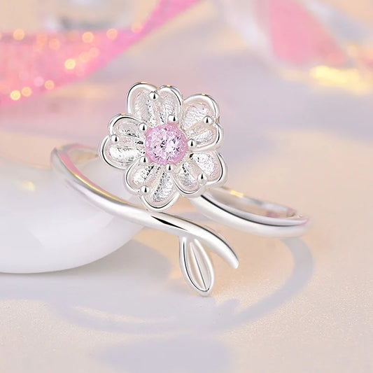 925 Sterling Silver Ring Adjustable Open Flowers Couple Engagement Rings For Women