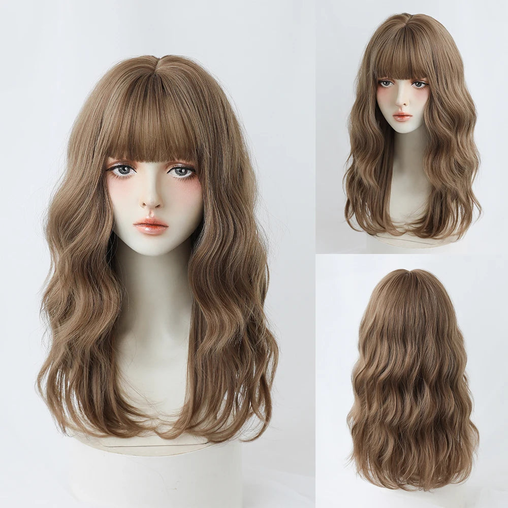 Long Curly Hair Women Wig with Bangs Daily Brown Black Pink ..