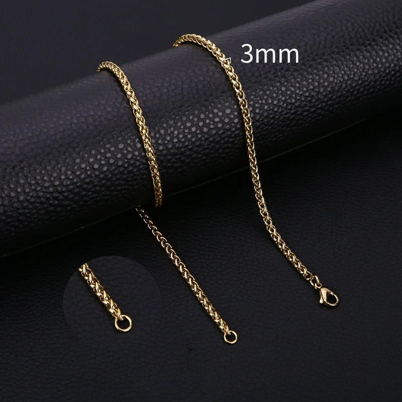Gold Color Wheat Braided Stainless Steel Necklace Link Classic Curb Chain for Men Women Jewelry
