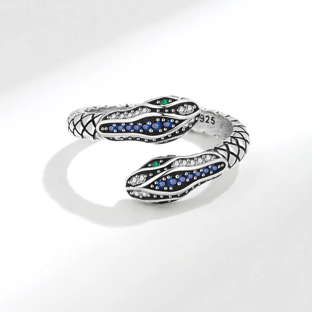 100% 925 Sterling Silver Rings For Women Snake Shape Green Eye