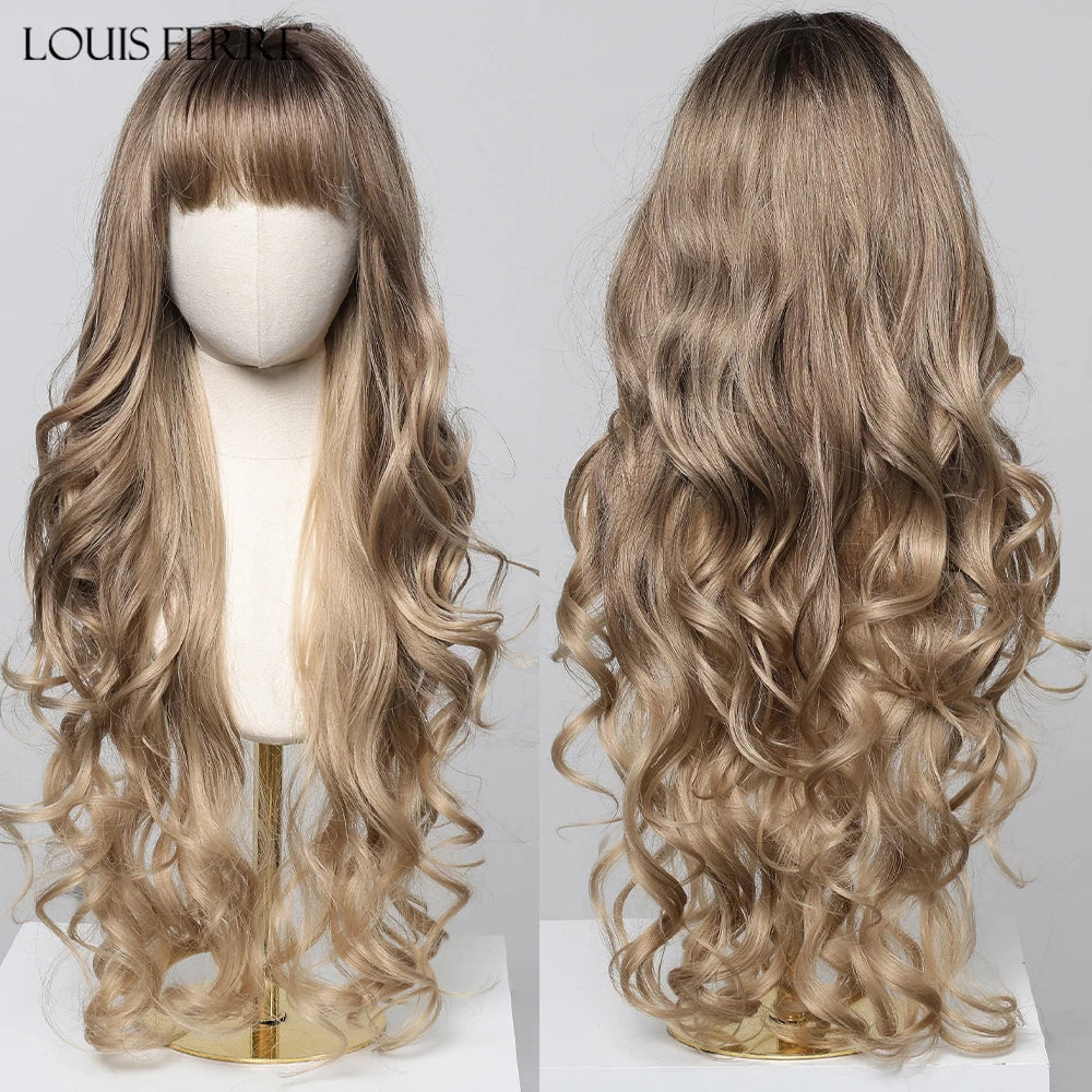 LOUIS FERRE Brown With Blonde Highlights Synthetic Wigs With Side Bangs