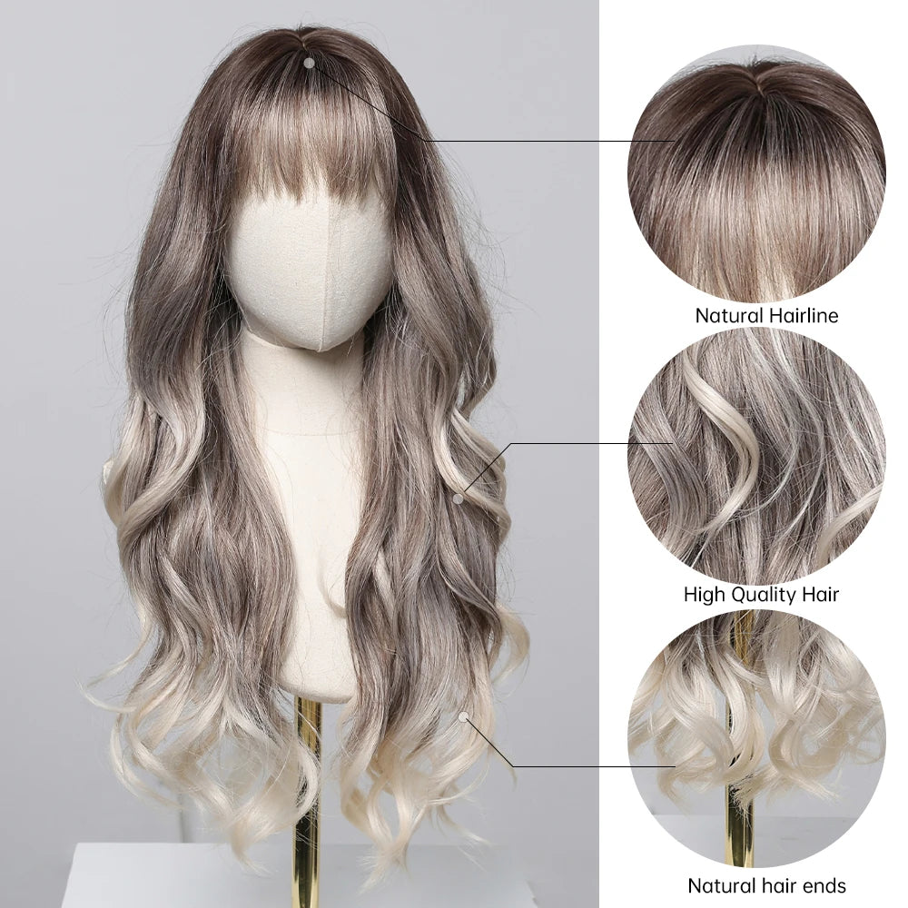Long Wavy Curly Gray Brown Synthetic Wigs for Women