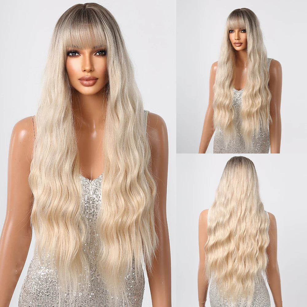 Long Wavy Curly Gray Brown Synthetic Wigs for Women