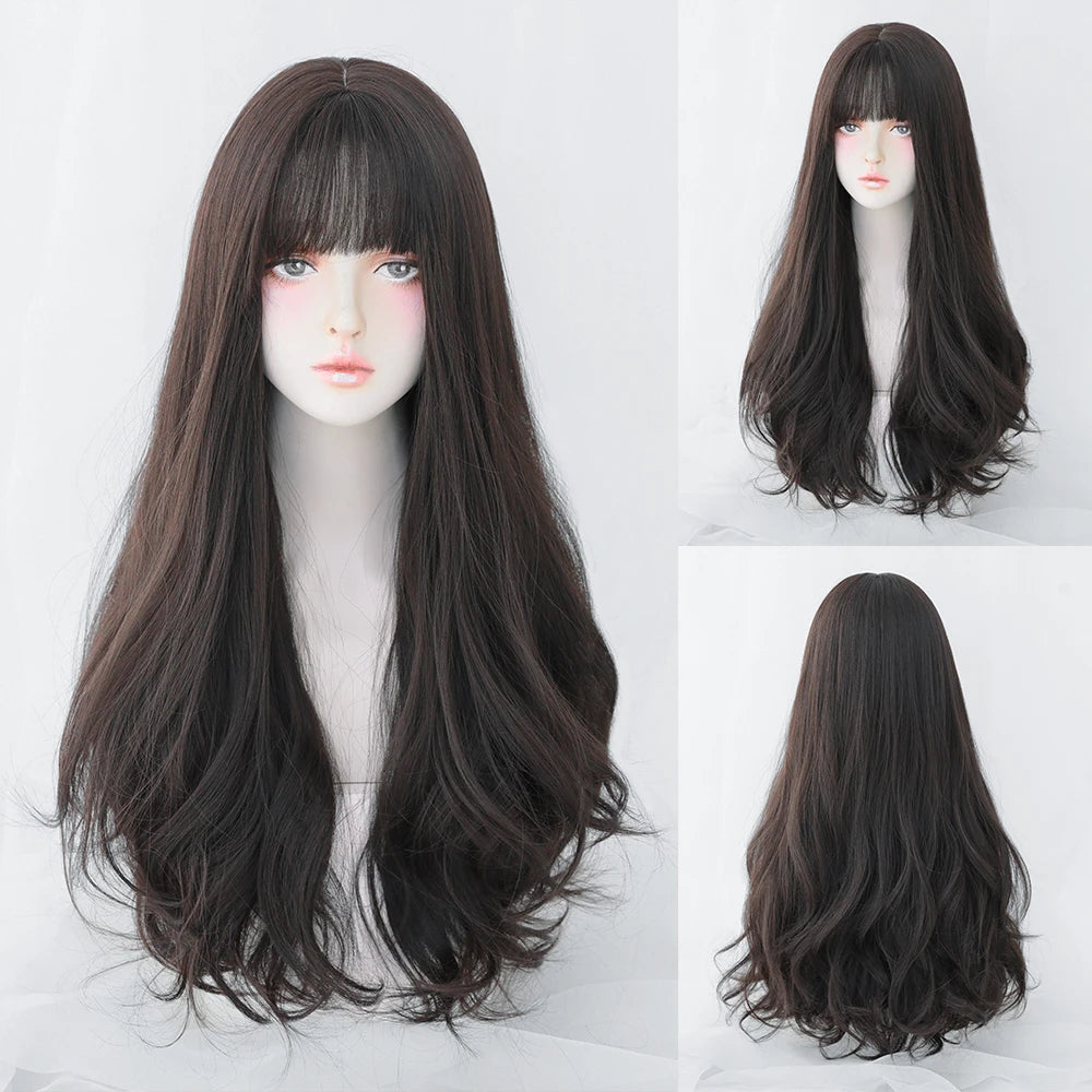Long Curly Hair Women Wig with Bangs Daily Brown Black Pink ..