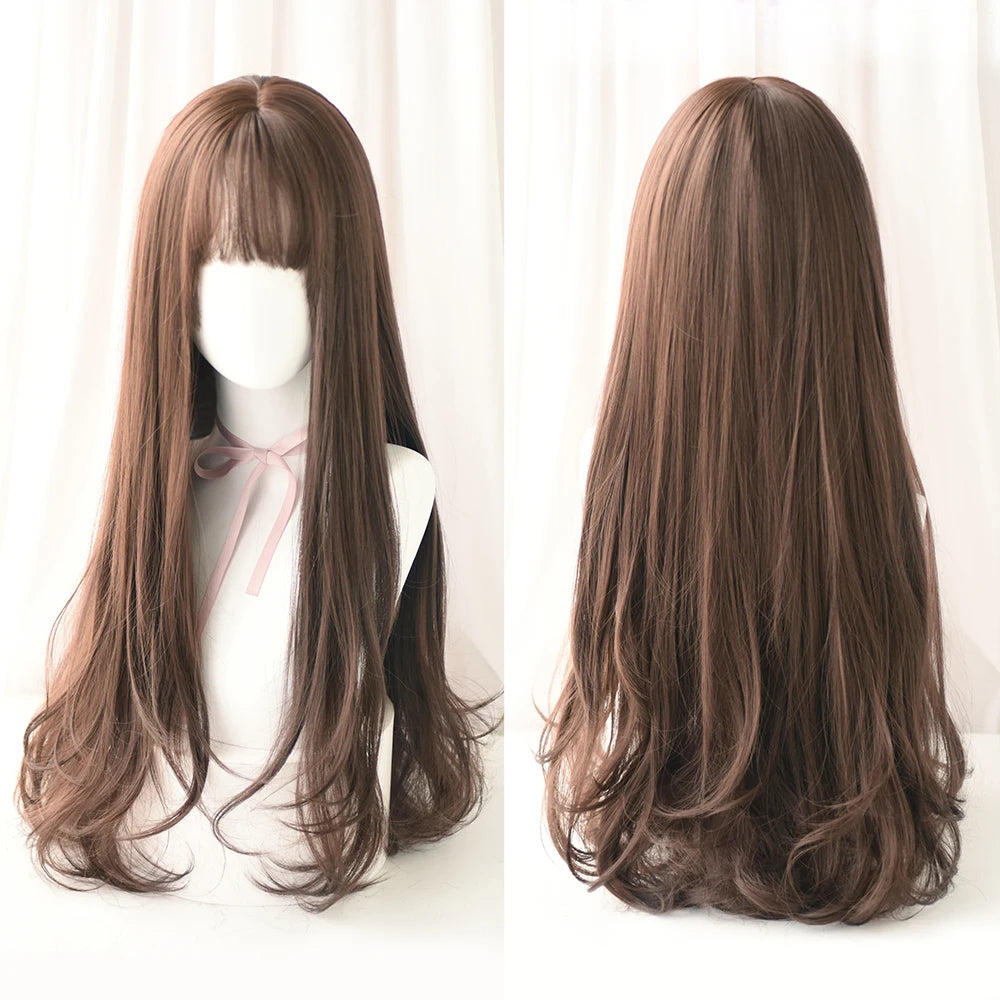 Long Curly Hair Women Wig with Bangs Daily Brown Black Pink ..