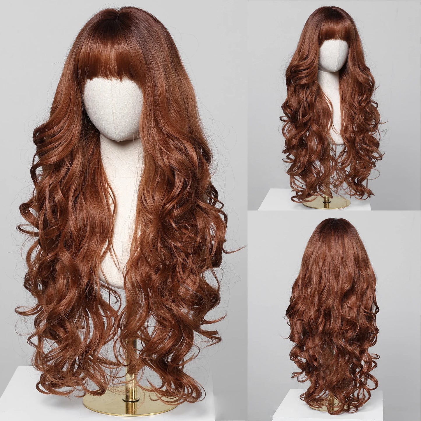 Long Wavy Curly Gray Brown Synthetic Wigs for Women