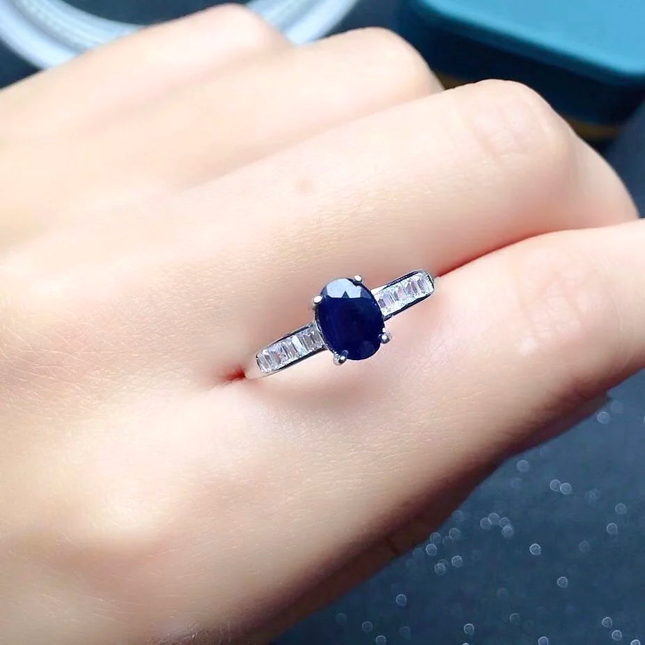 Simple Black Sapphire Silver Ring 0.7ct 6mm*7mm 100% Natural Black Sapphire Ring for Daily Wear Gift for Woman