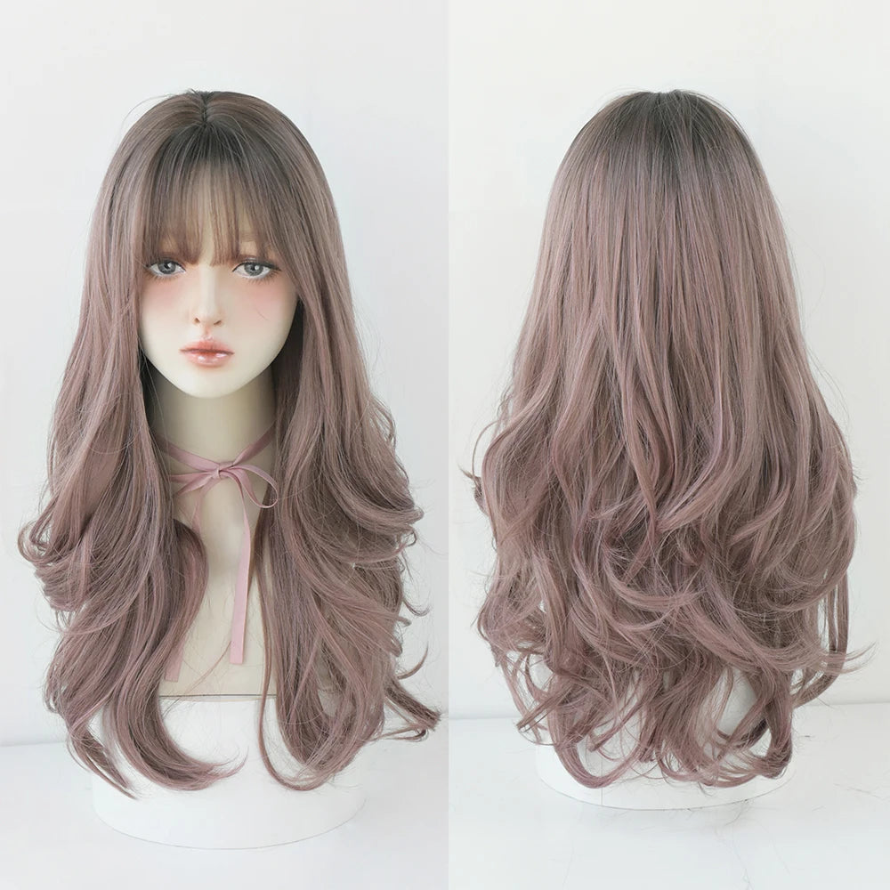 Long Curly Hair Women Wig with Bangs Daily Brown Black Pink ..