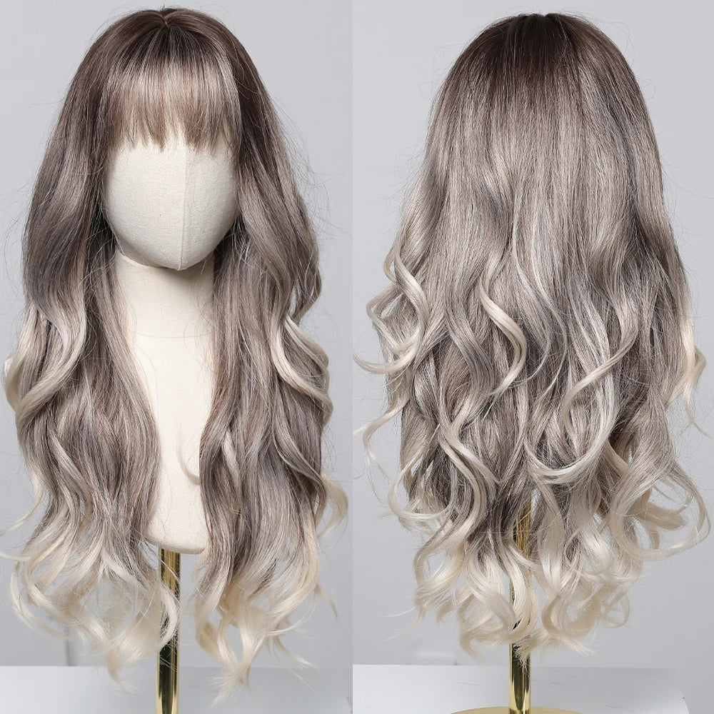 LOUIS FERRE Brown With Blonde Highlights Synthetic Wigs With Side Bangs