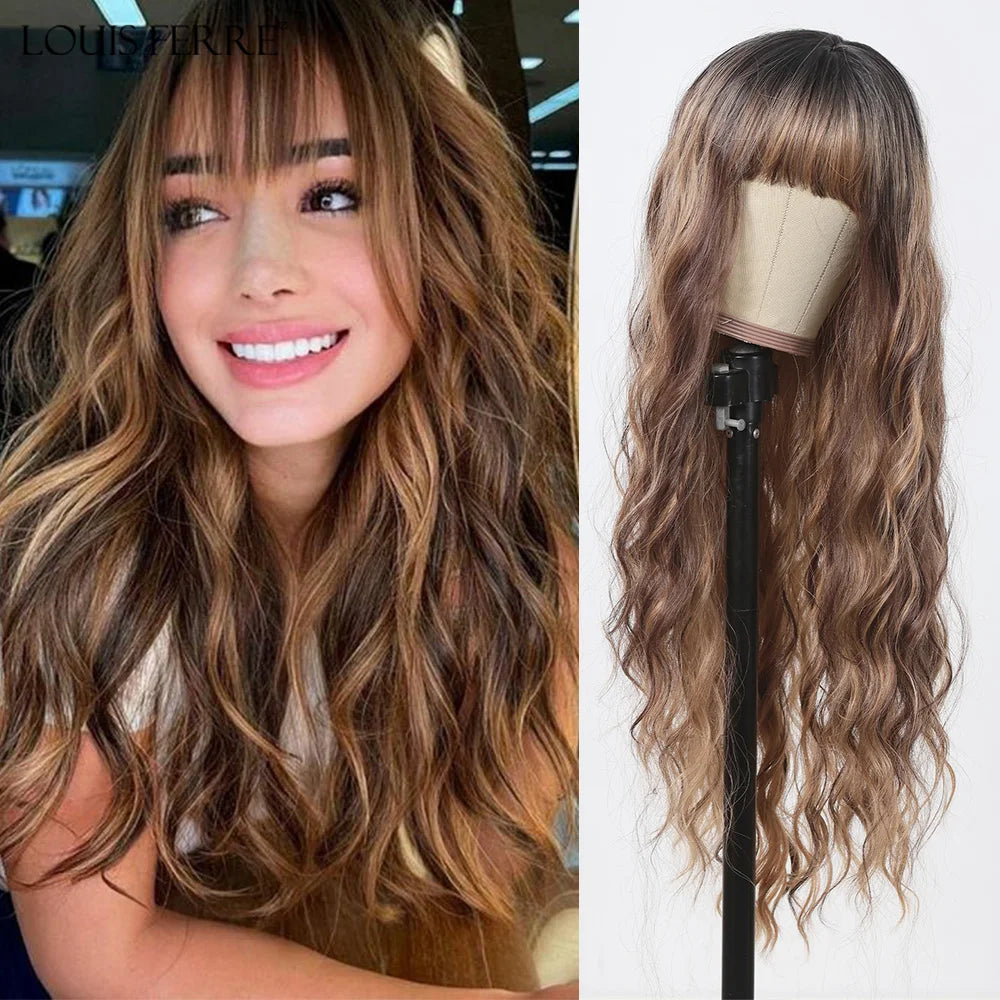 LOUIS FERRE Brown With Blonde Highlights Synthetic Wigs With Side Bangs