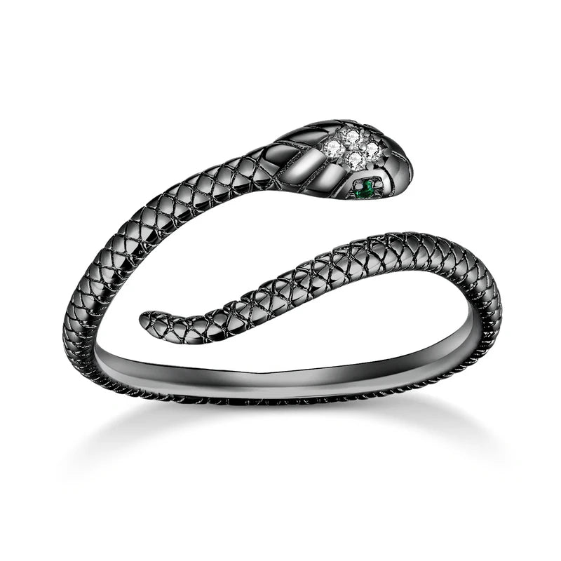 925 Sterling Silver Platinum Plated Adjustable Ring, Green Zircon Retro Textures Snake Ring