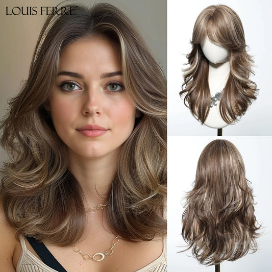 LOUIS FERRE Brown With Blonde Highlights Synthetic Wigs With Side Bangs
