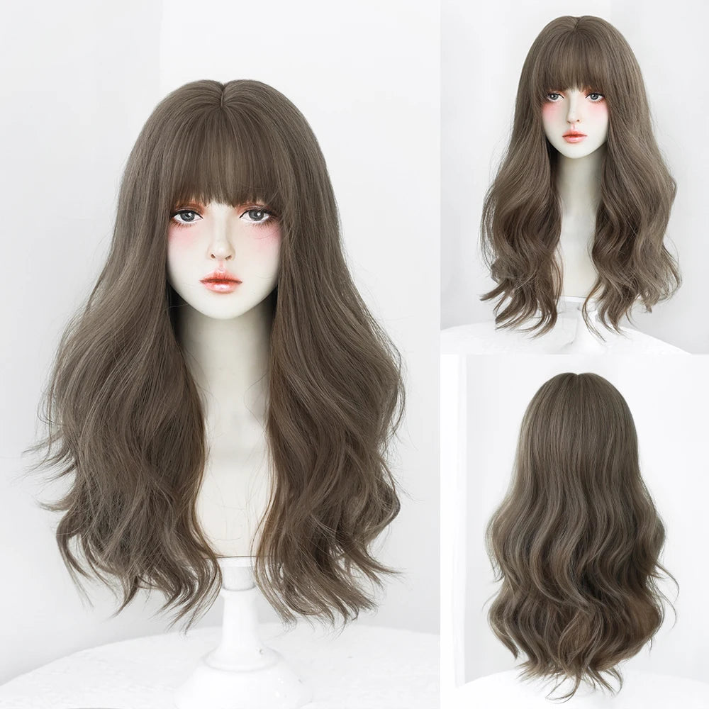 Long Curly Hair Women Wig with Bangs Daily Brown Black Pink ..