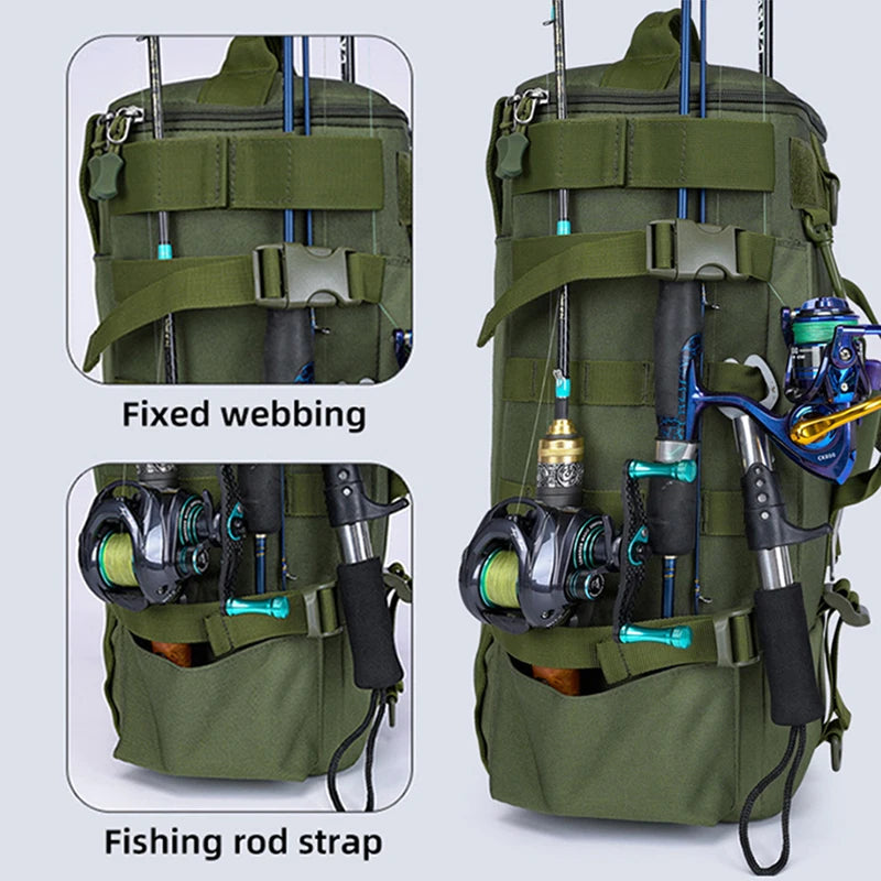 Tactical Fishing Backpack Tackle Bag with Rod Holders Fish Equipment Storage