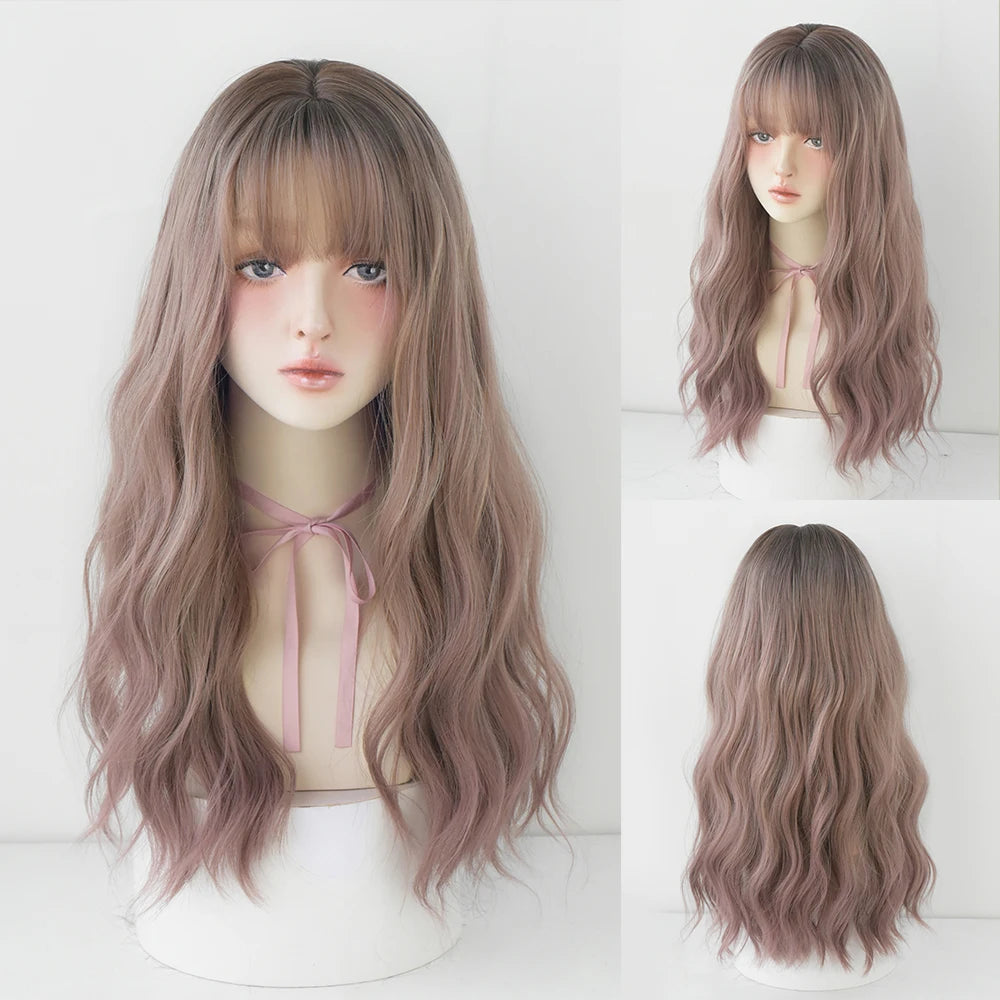 Long Curly Hair Women Wig with Bangs Daily Brown Black Pink ..