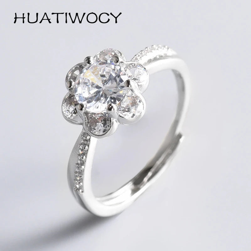 925 Jewelry Ring with Zircon Gemstone Flower Shape Open Finger Rings