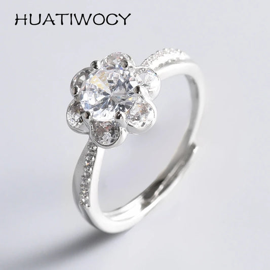 925 Jewelry Ring with Zircon Gemstone Flower Shape Open Finger Rings