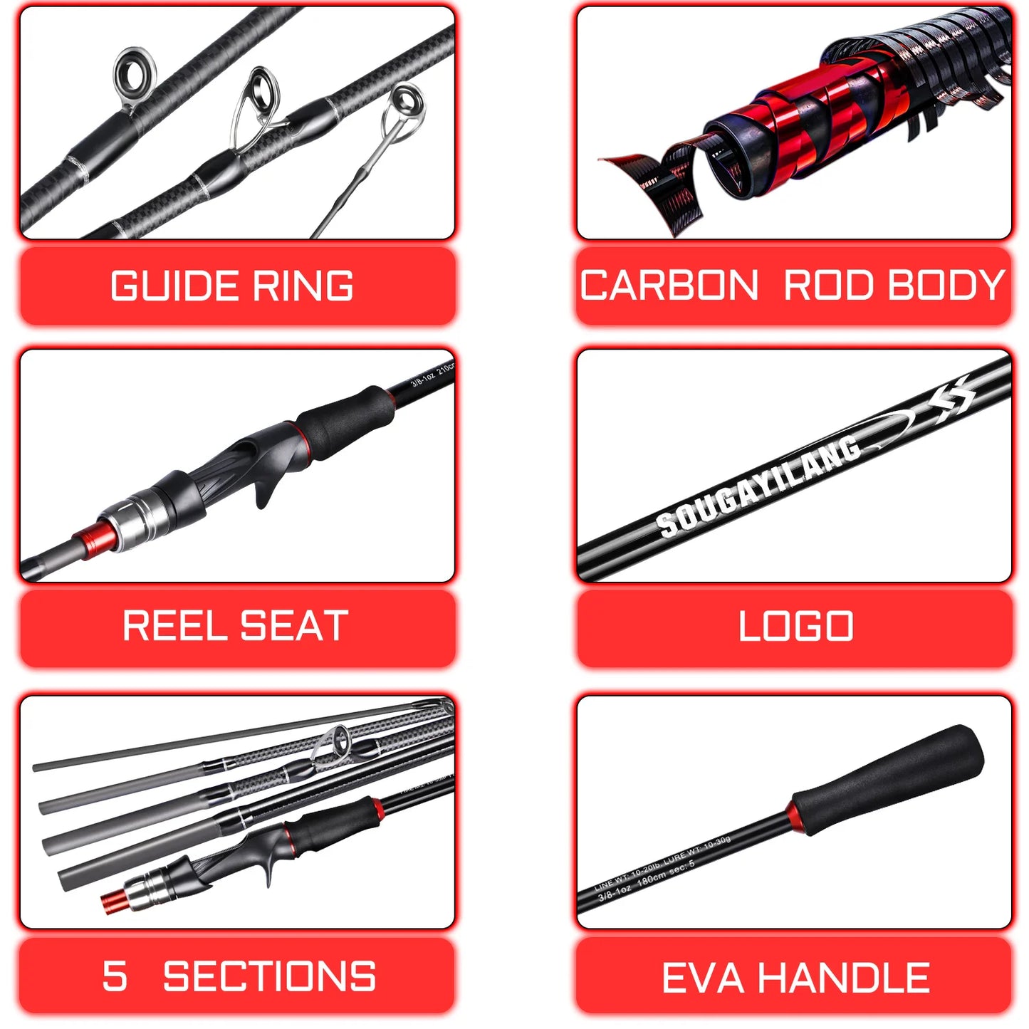 1.8m 2.1m Lure Fishing Rod Carbon Fiber Spinning Casting Fishing Rod Bait Weight 10-30g Travel