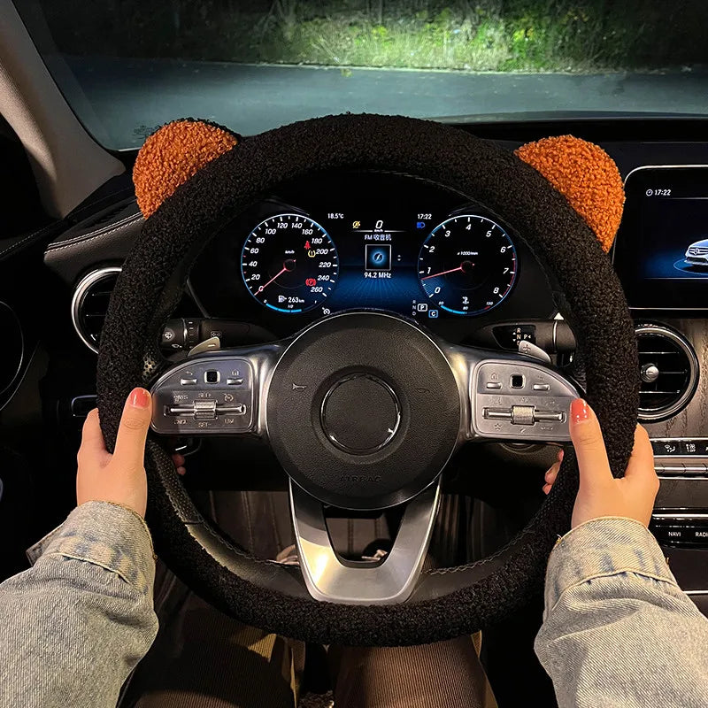 New Winter Warm Soft Plush Cartoon Bear Ear Car Interior Accessories 38cm Car Steering Wheel Cover Handble Cover
