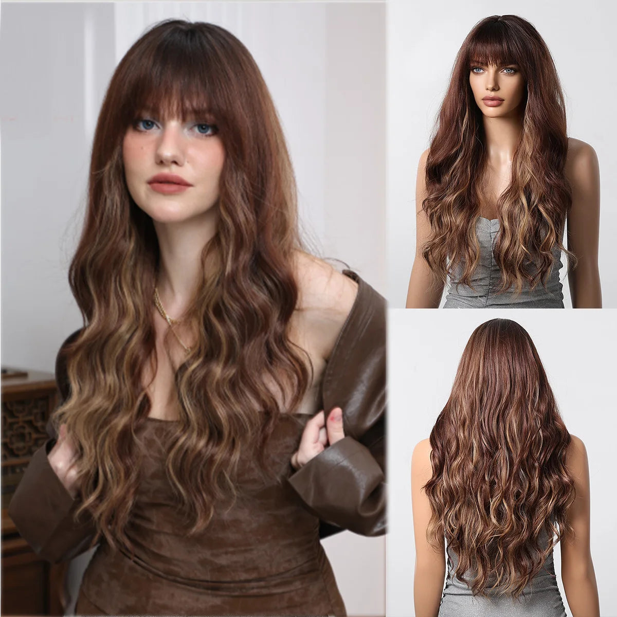 LOUIS FERRE Brown With Blonde Highlights Synthetic Wigs With Side Bangs
