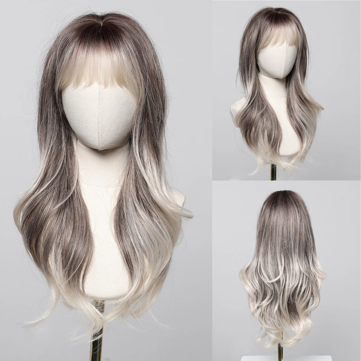 LOUIS FERRE Brown With Blonde Highlights Synthetic Wigs With Side Bangs