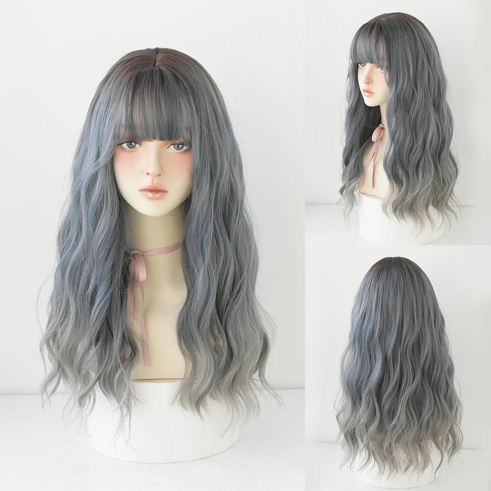Long Curly Hair Women Wig with Bangs Daily Brown Black Pink ..