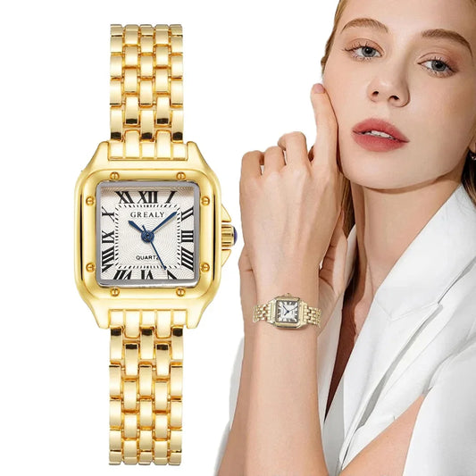 Women Square Watches Gold Alloy Strap