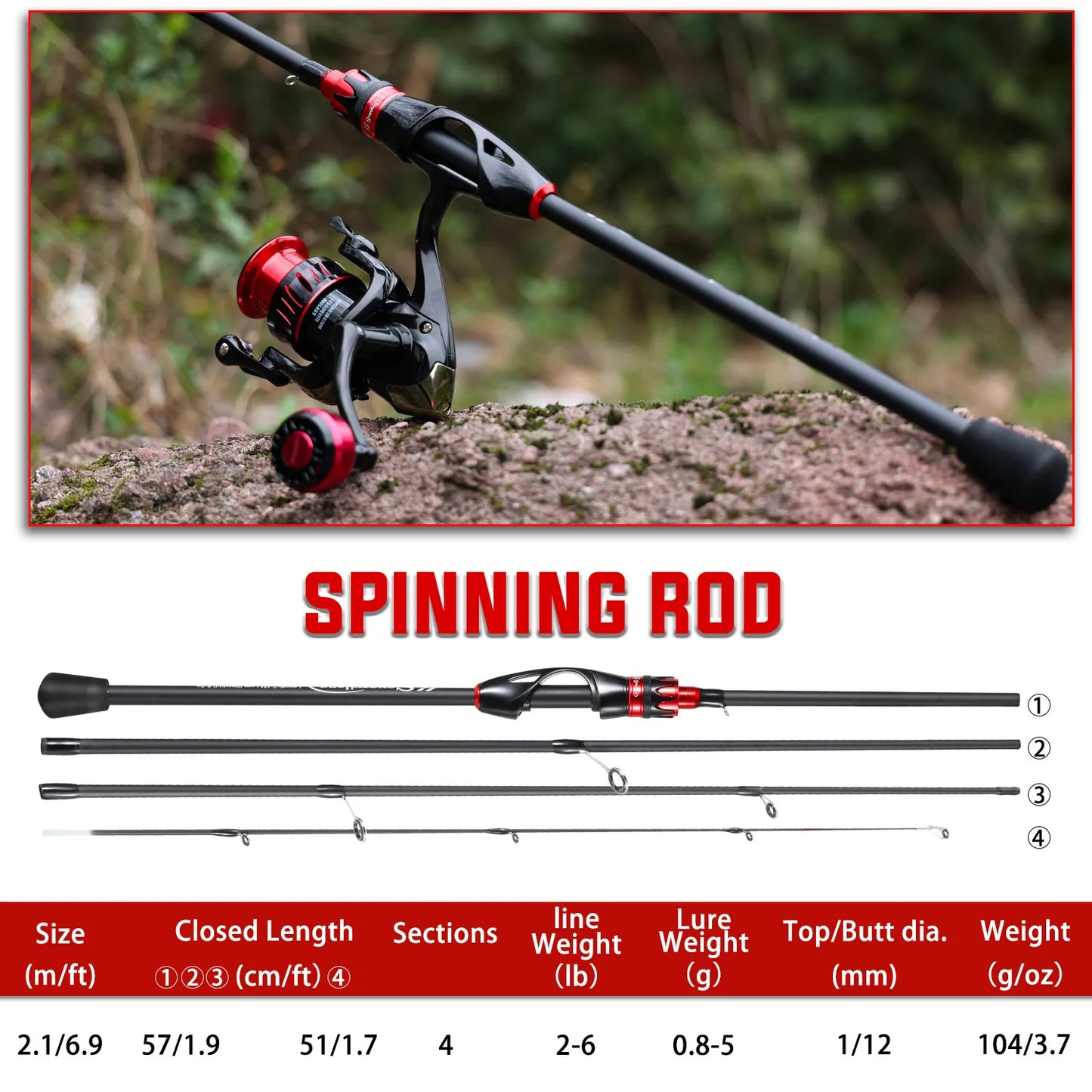 Casting Spinning Fishing Rod 2.1m UltraLight Carbon Fiber Rod Pole 4 Section with EVA Handle