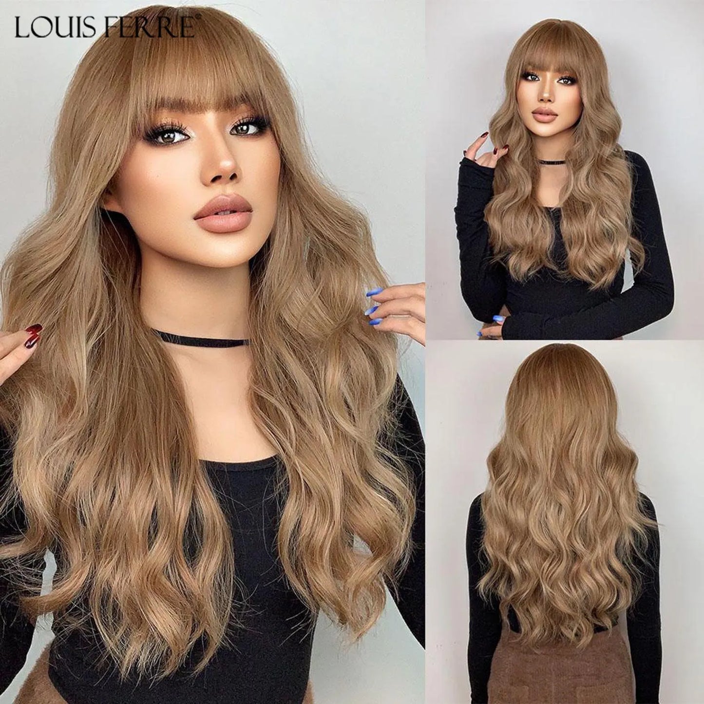 LOUIS FERRE Brown With Blonde Highlights Synthetic Wigs With Side Bangs